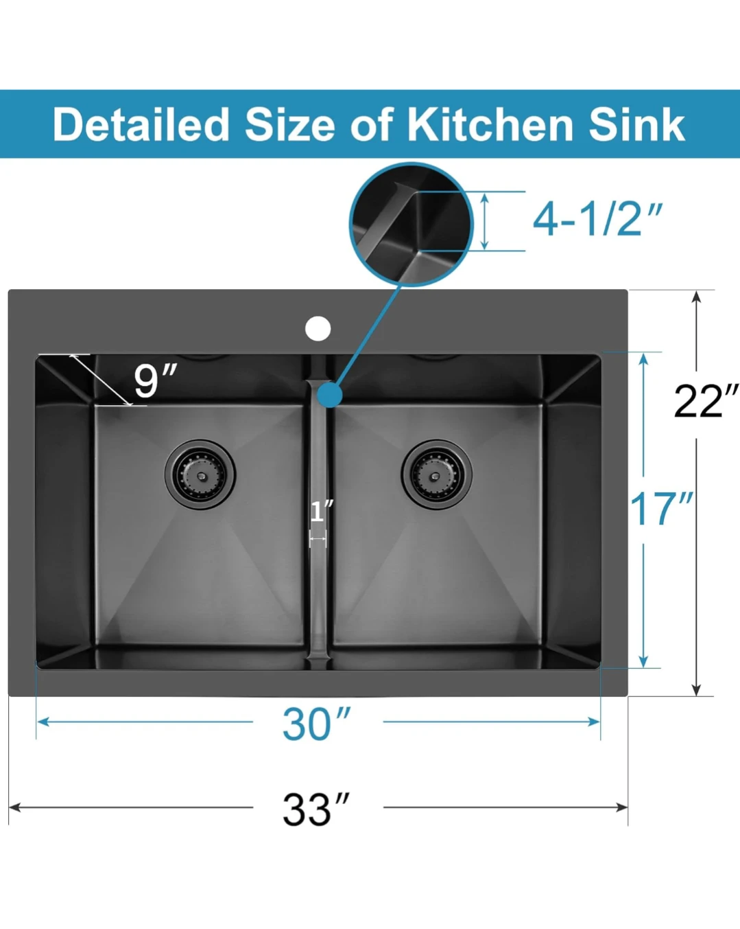 LQS Drop-In Kitchen Sink - Black Double Bowl Stainless Steel - photo 5