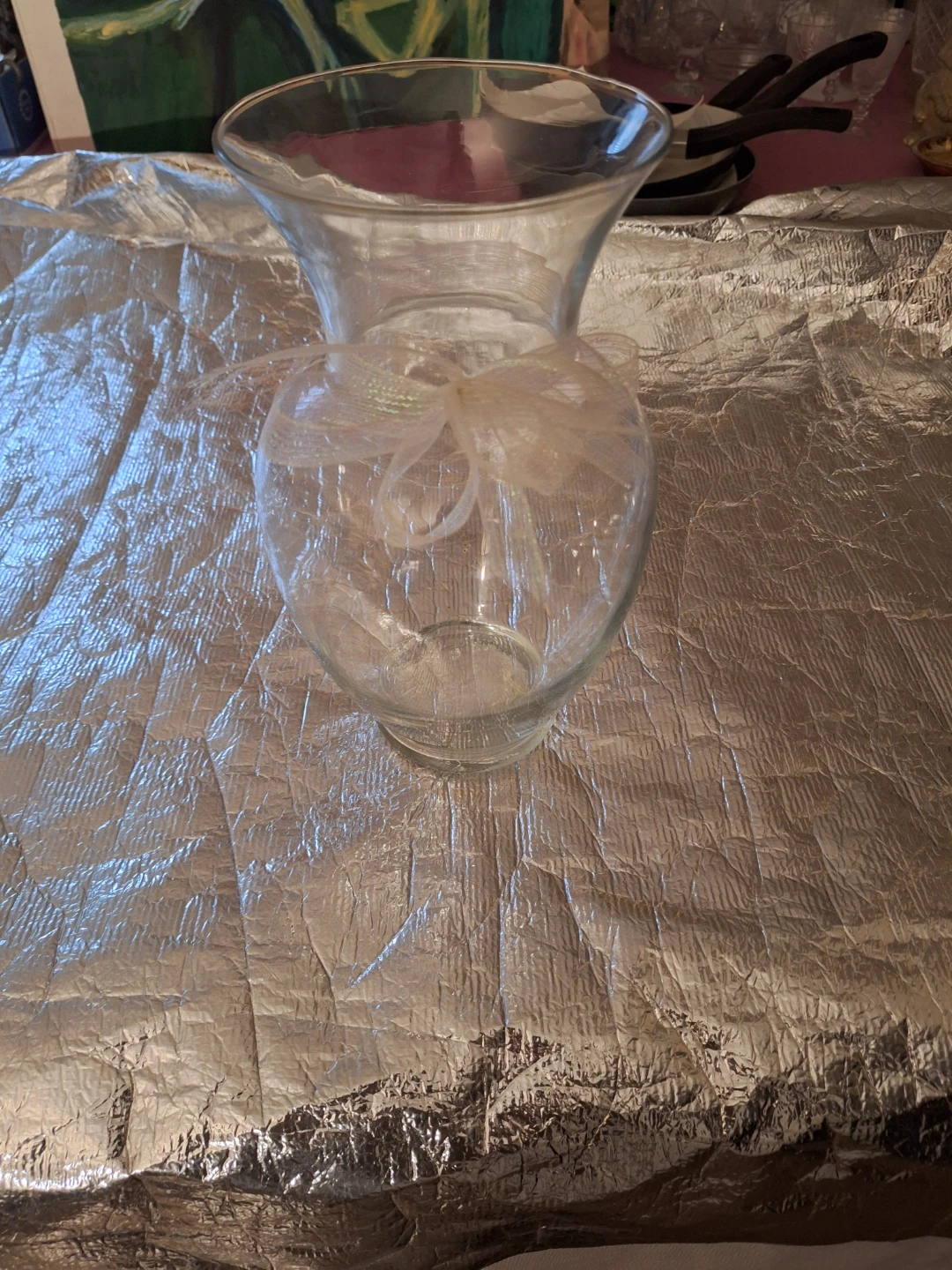 Clear Glass Vase with White Ribbon Accent