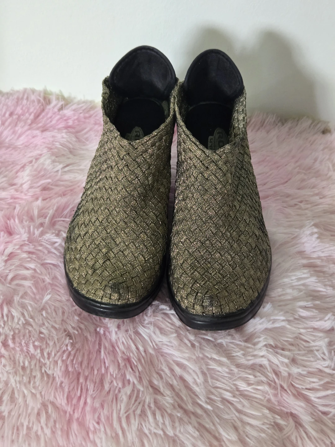 Gold Woven Slip-On Block Heel Ankle Boots
