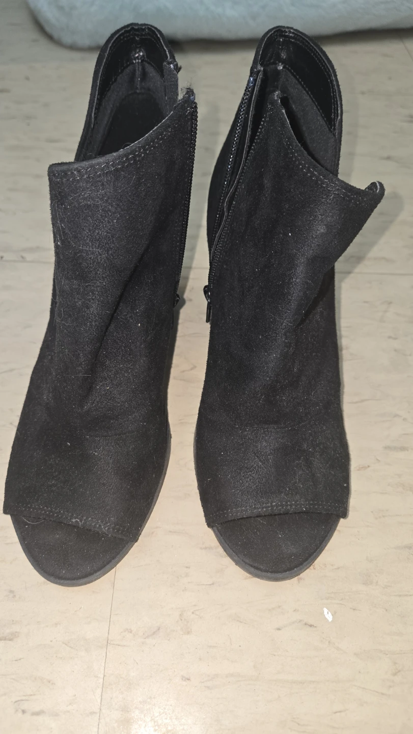 Black Faux Suede Peep-Toe Ankle Boots