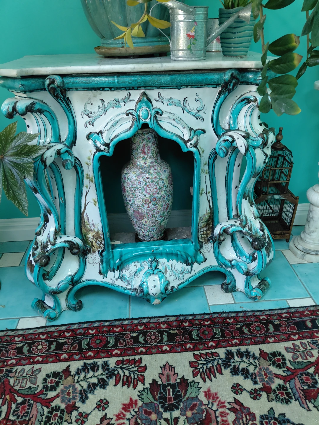 Vintage Ornate Console Table with Marble Top