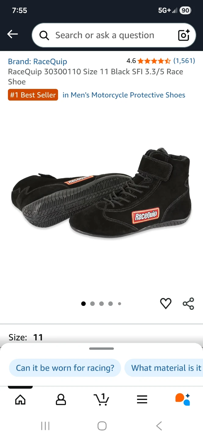 RaceQuip SFI 3.3/5 Black Suede Race Shoes Size 11