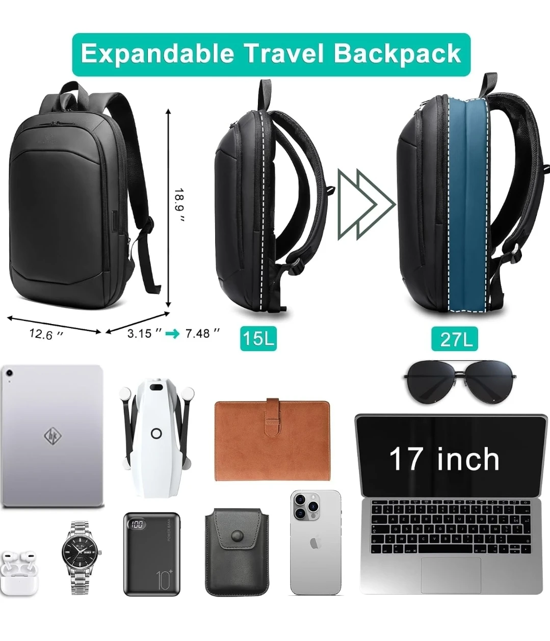 Expandable Travel Business Laptop Backpack - Black - photo 2