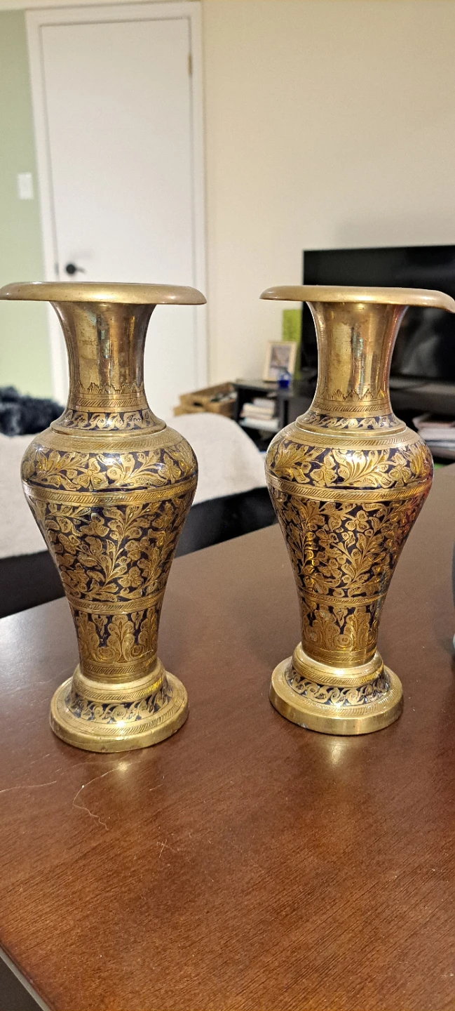 Vintage Brass Vase with Blue Enamel Floral Design