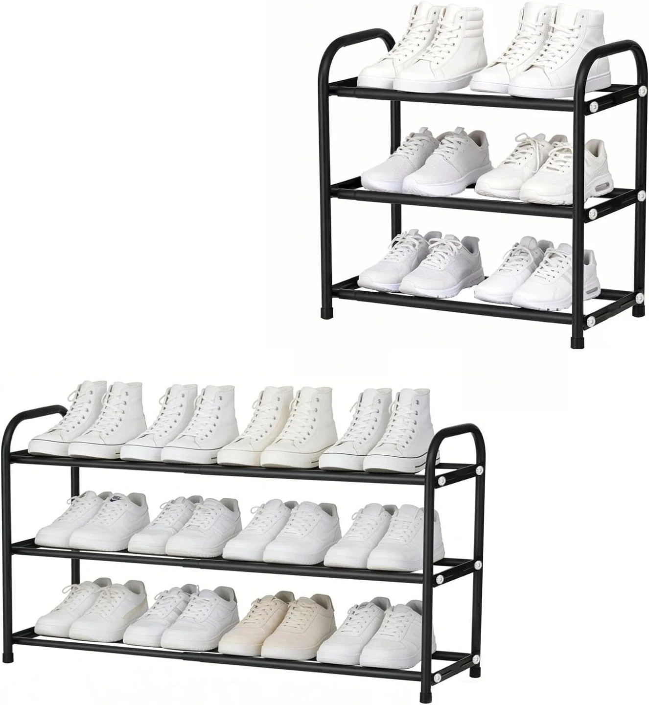 ASULUPHY Black Expandable Shoe Rack, 3 Tier Metal,