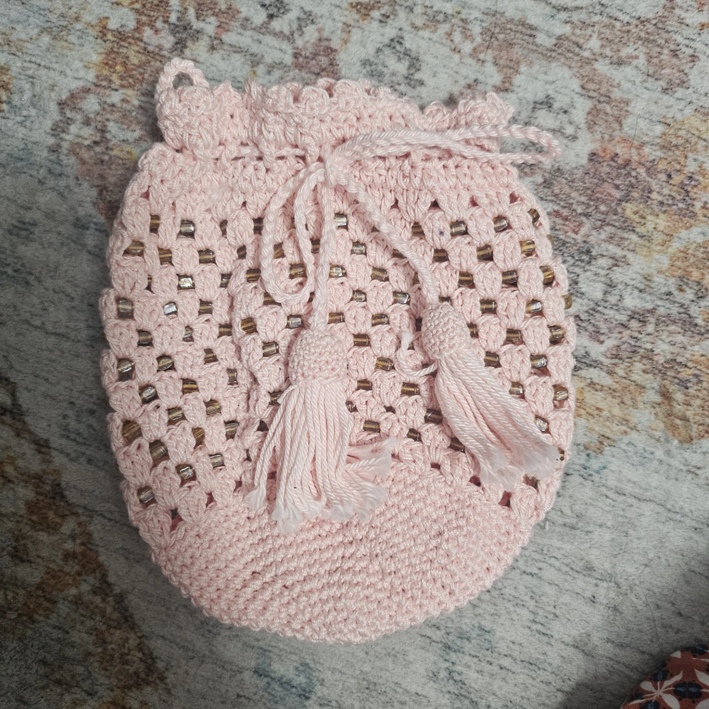 Pink handmade Crochet Drawstring Pouch with Beads