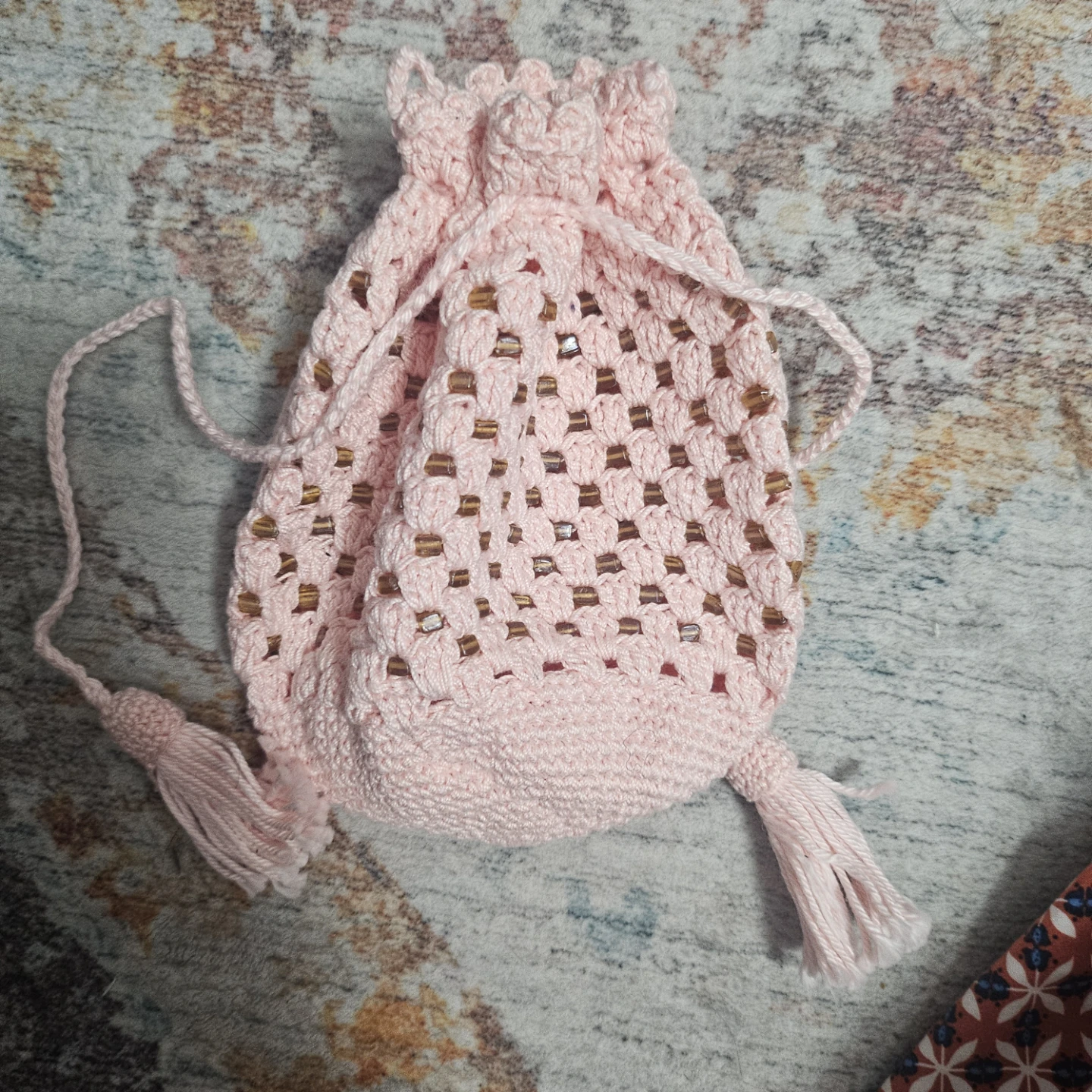 Pink handmade Crochet Drawstring Pouch with Beads - photo 3