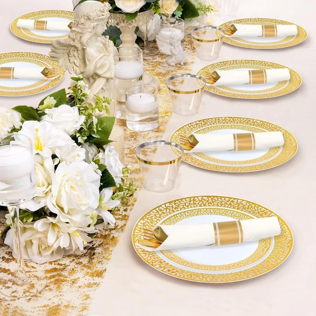 350 Picese Gold Plastic Plates with Cutlery and Napkins - photo 2