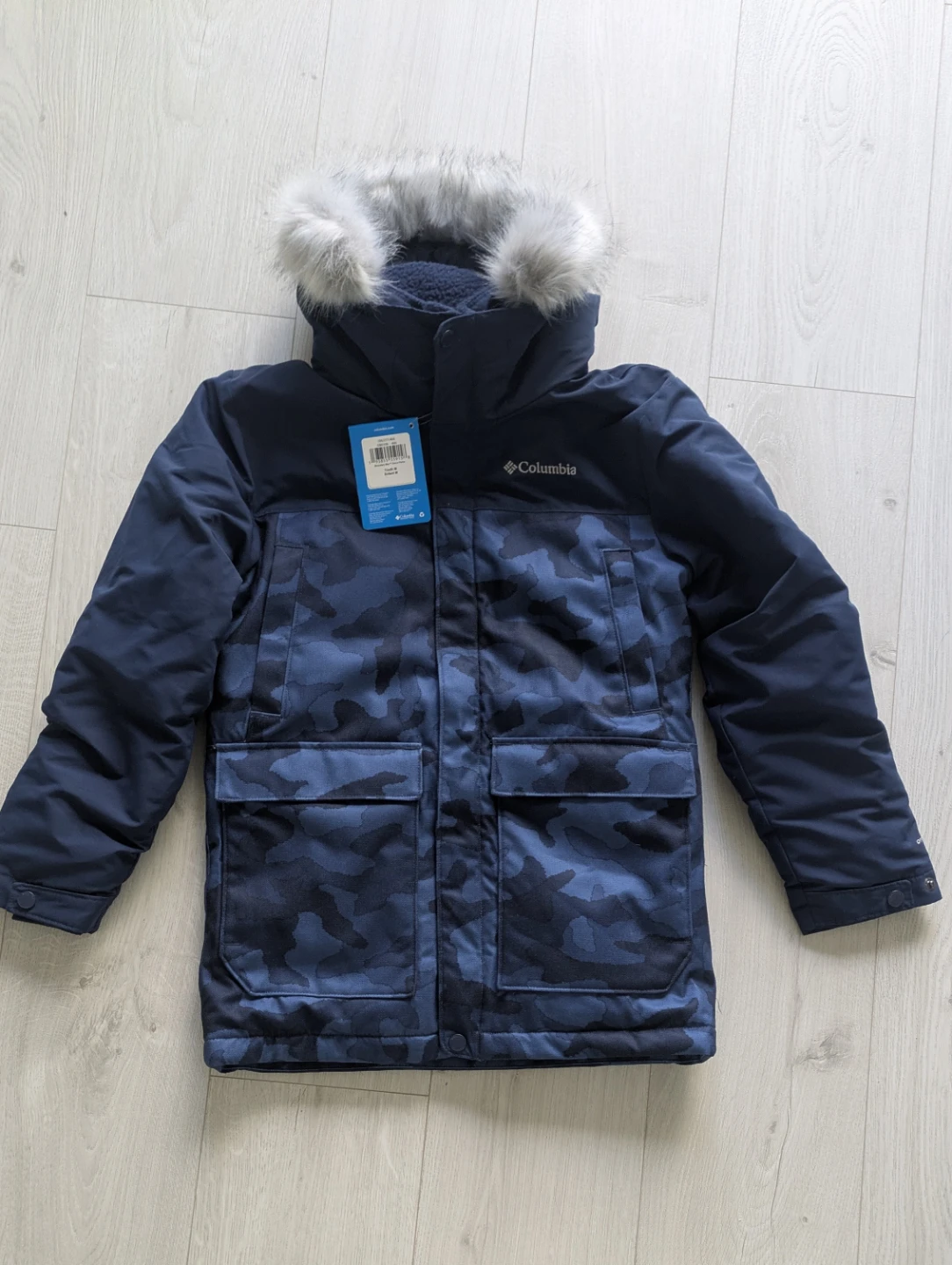 Columbia Youth M Boundary Bay Down Parka Jacket Navy Camo