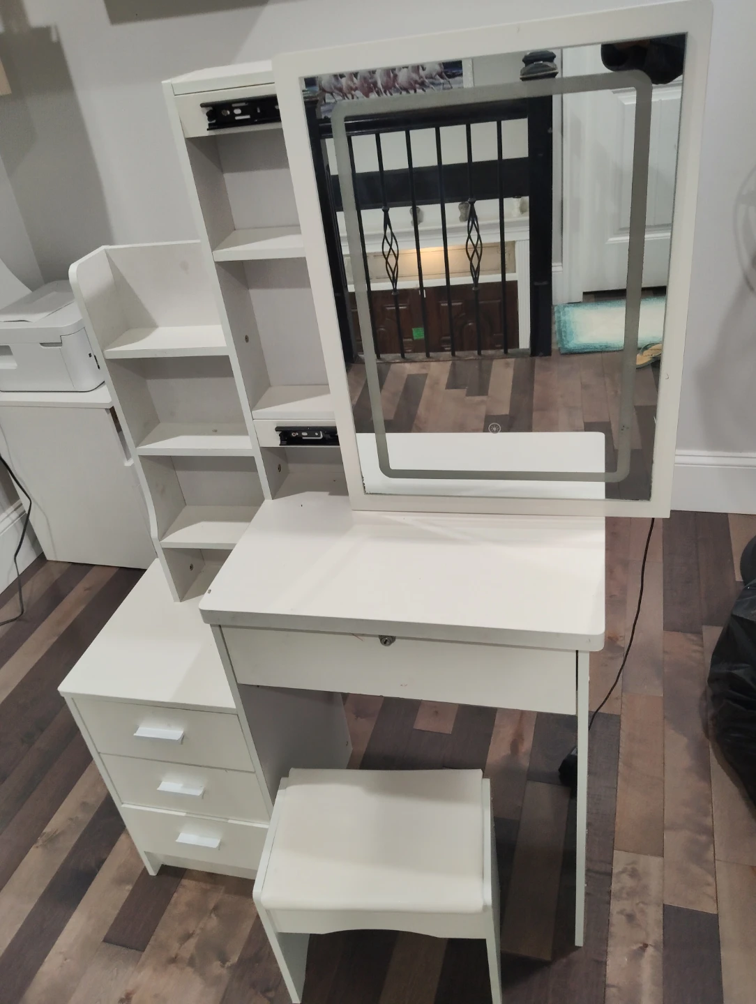 White Vanity Set with Lighted Mirror and Stool