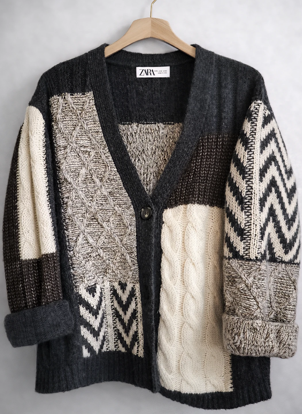 Zara Patchwork Knit Cardigan: Wool Blend – Like New!