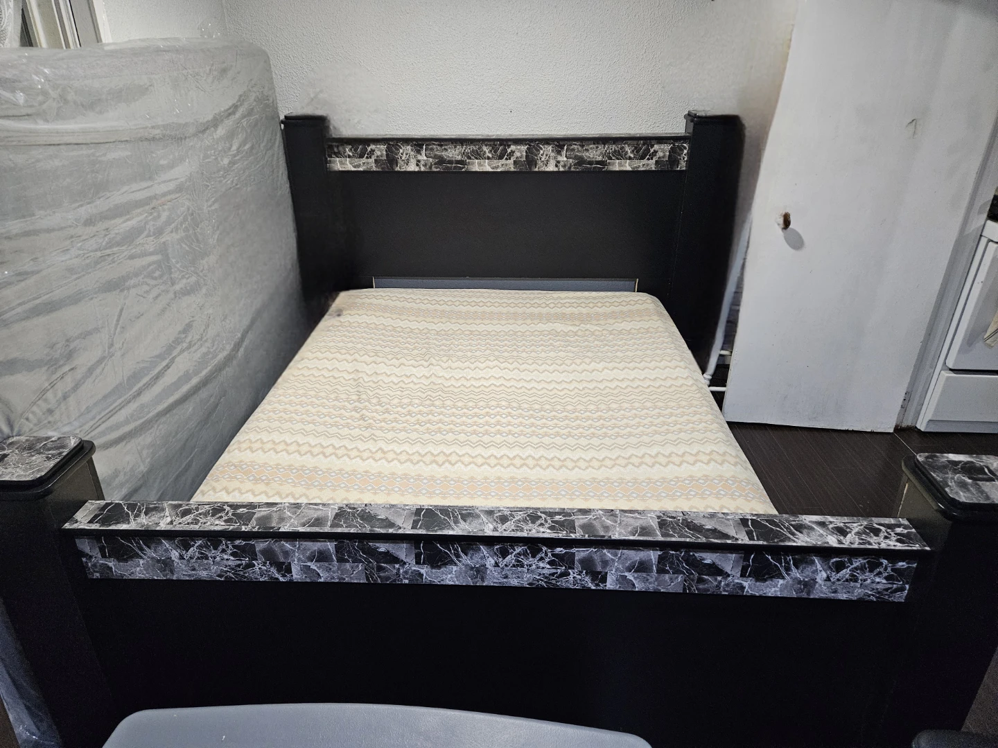 Black Queen Bed Frame with Marble Accents