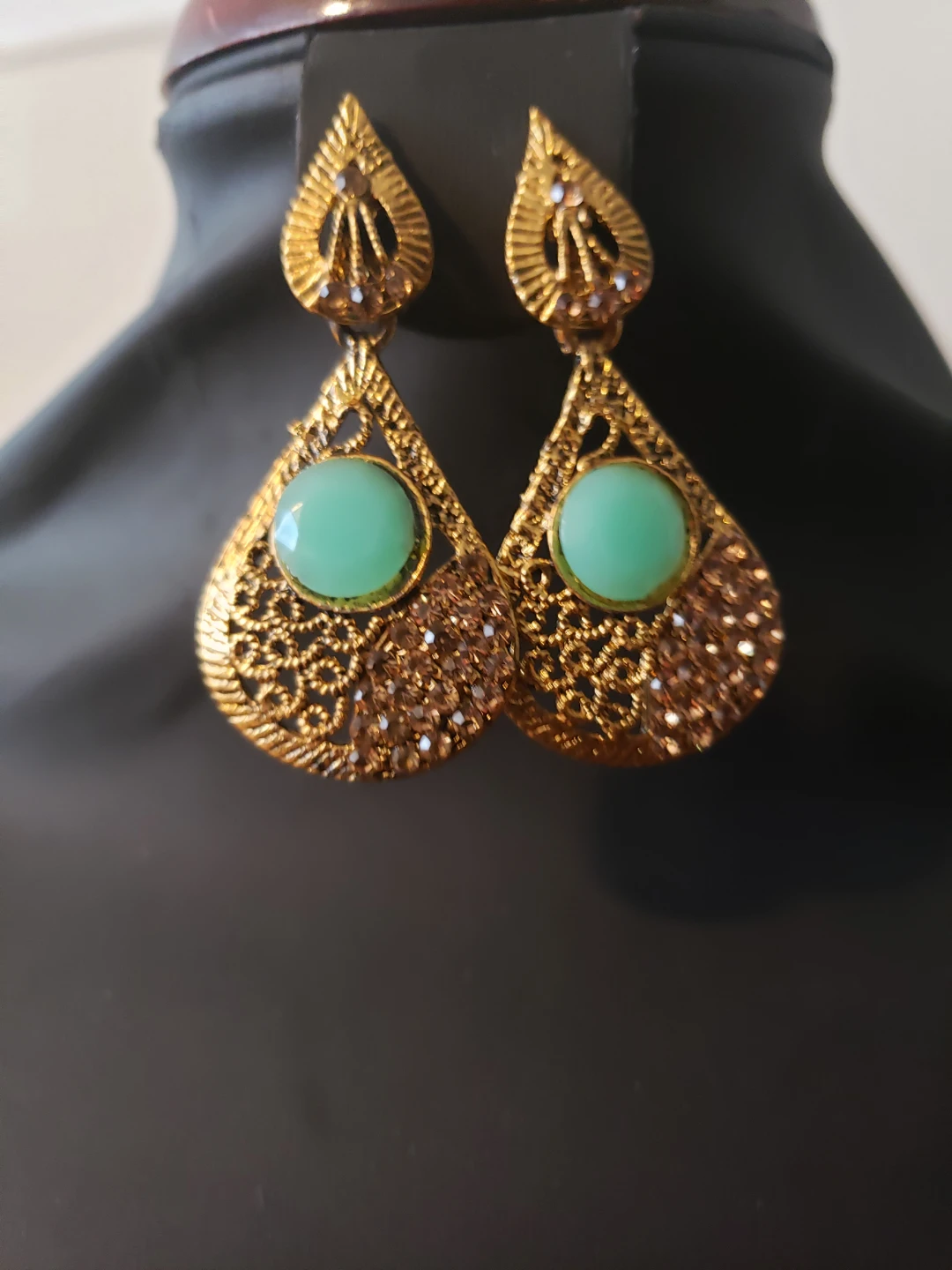 Gold Tone Dangle Earrings with Teal Stones - photo 2
