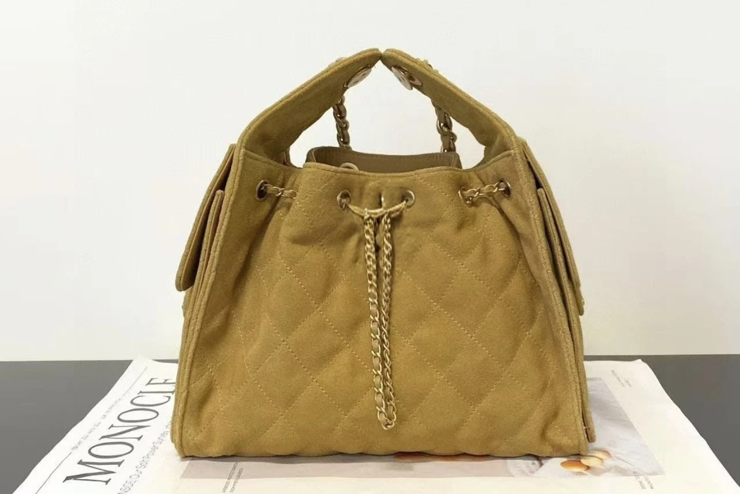 Tan Suede Drawstring Bag, genuine leather