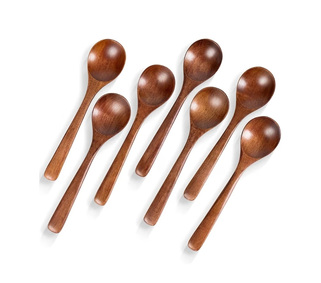 7PC Natural Hardwood Wooden Spoon Set | 7" Tea Coffee Honey