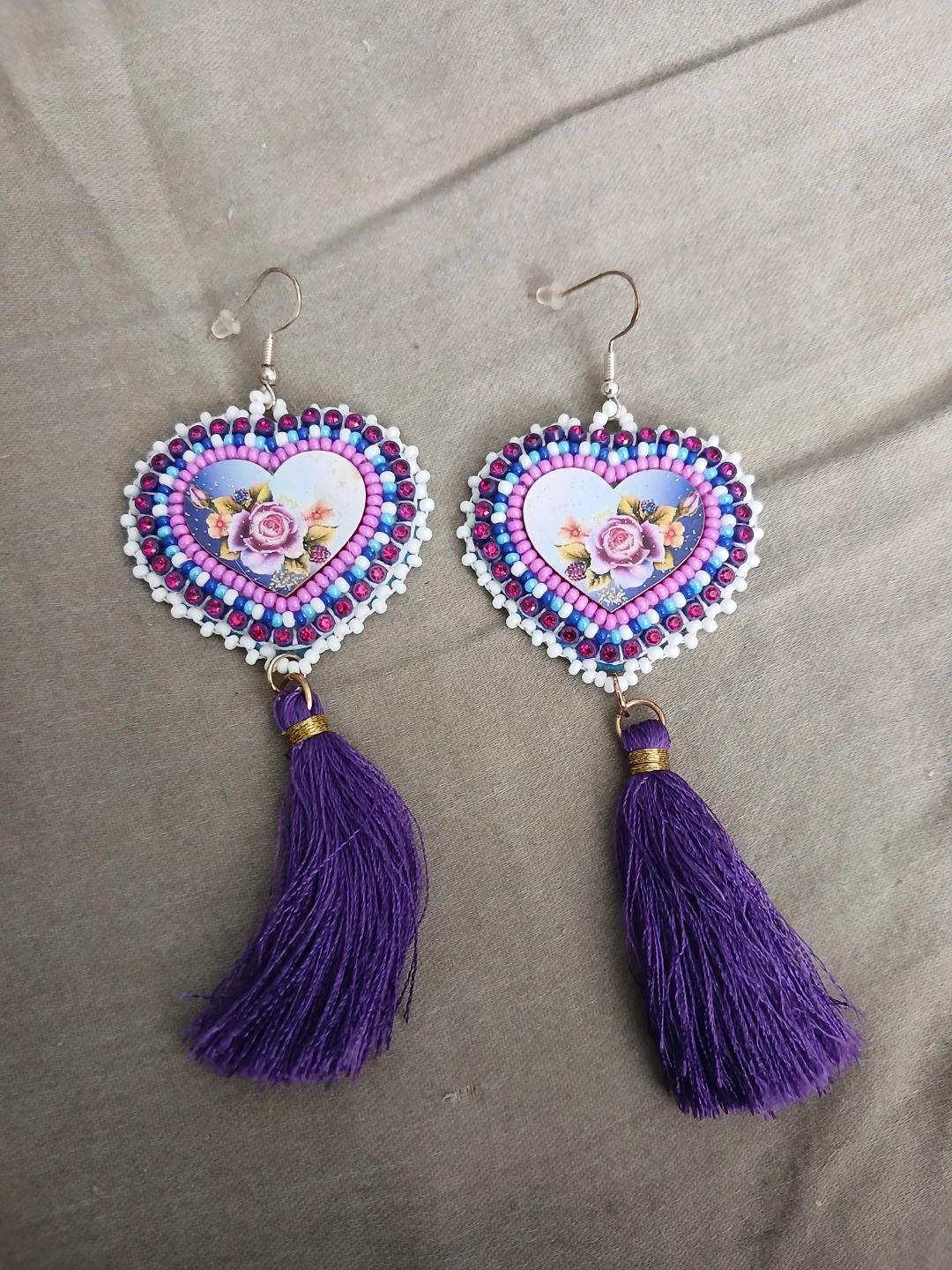 Handmade Heart Beaded Earrings With Purple Tassels
