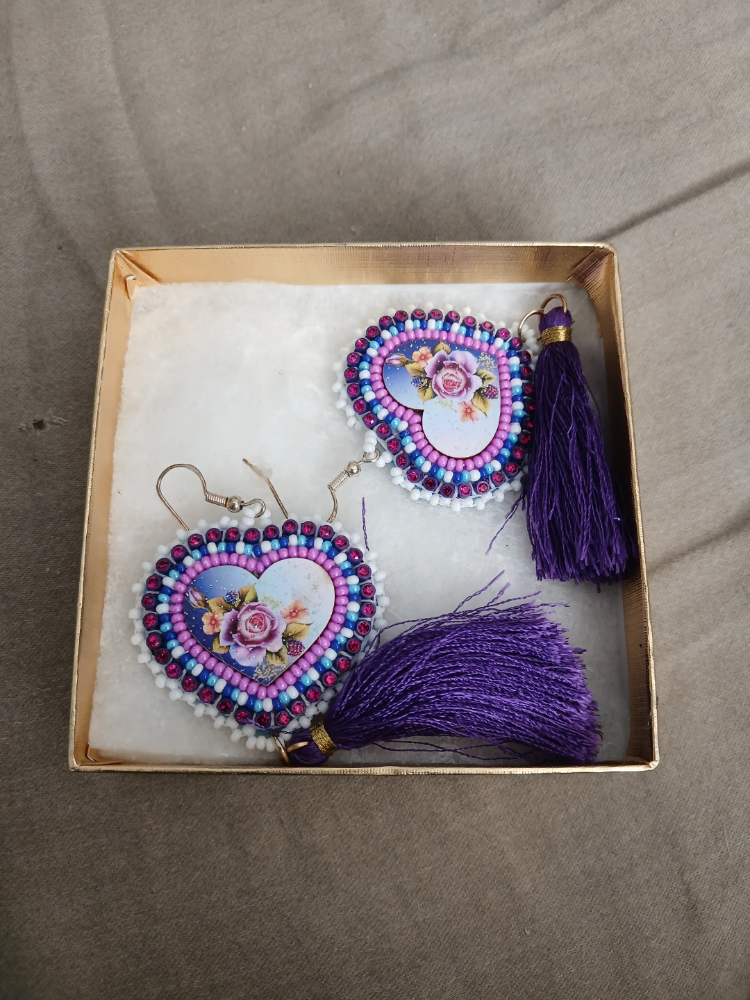 Handmade Heart Beaded Earrings With Purple Tassels - photo 4