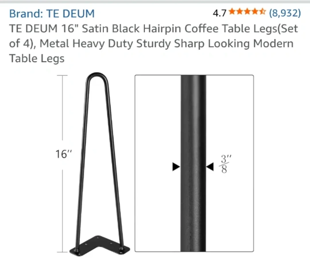 16" Satin Black Hairpin Coffee Table Legs (Set of 4) - photo 2
