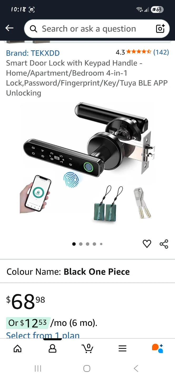 TEKXDD Smart Door Lock - Black Keypad/Fingerprint Handle