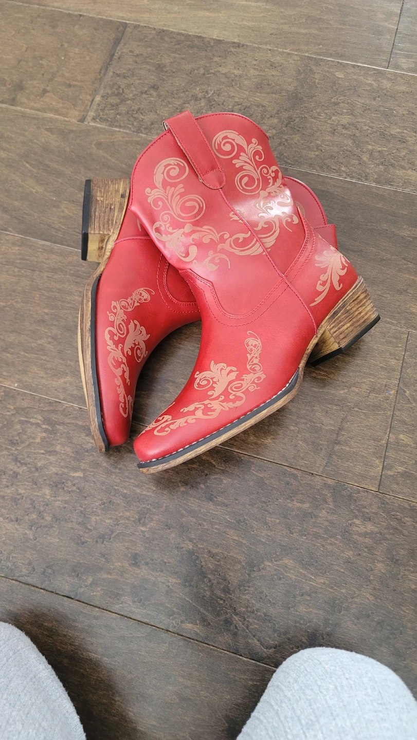 Red Cowboy Boots with Scroll Design (size 8) - photo 2