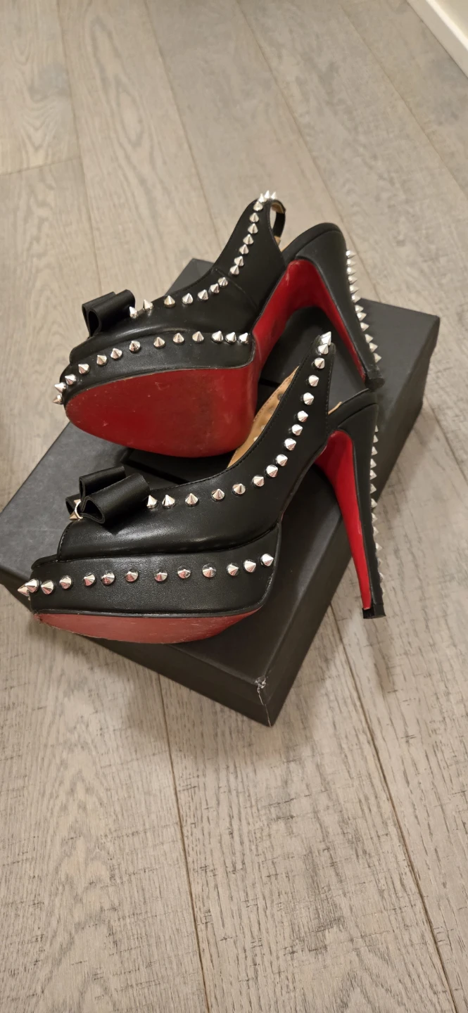 Christian Louboutin Black Studded Bow Peep-Toe Heels Size 37 - photo 2