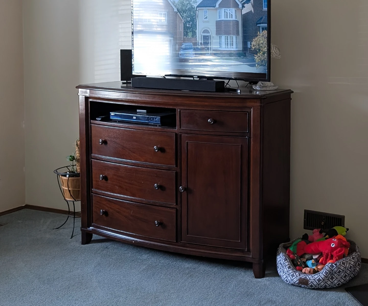 Dark Wood Media Console with Drawers and Cabinet