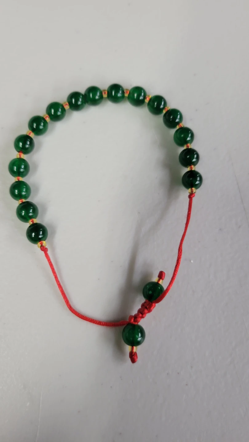 Green Jade Beaded Bracelet with Red Cord