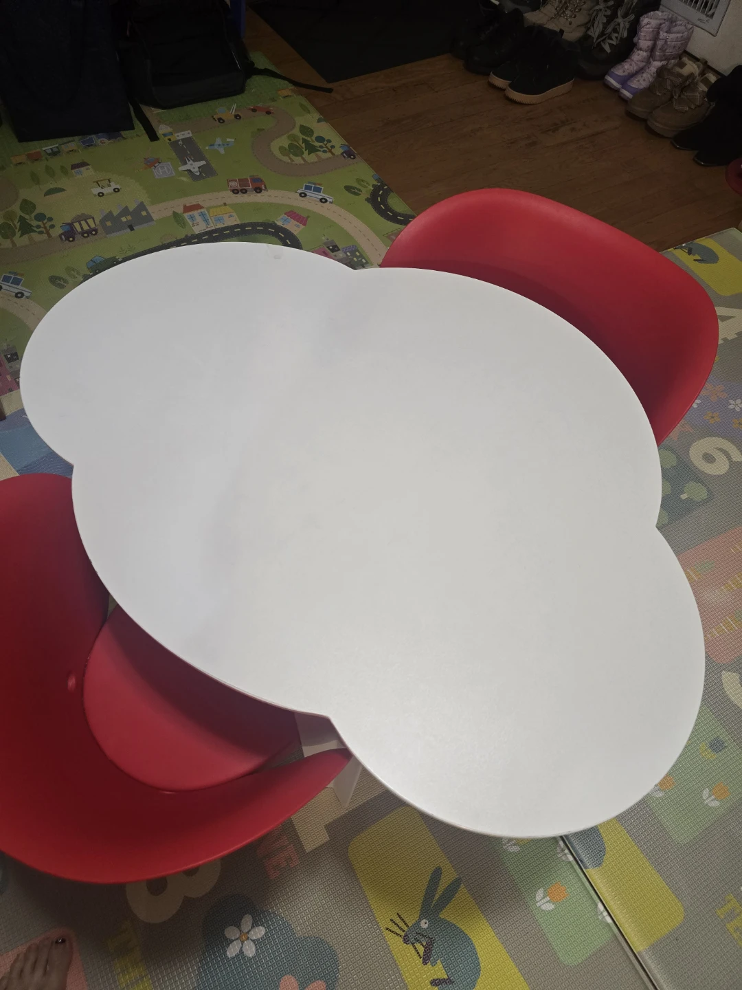 White Cloud Shaped Table with Red Chairs