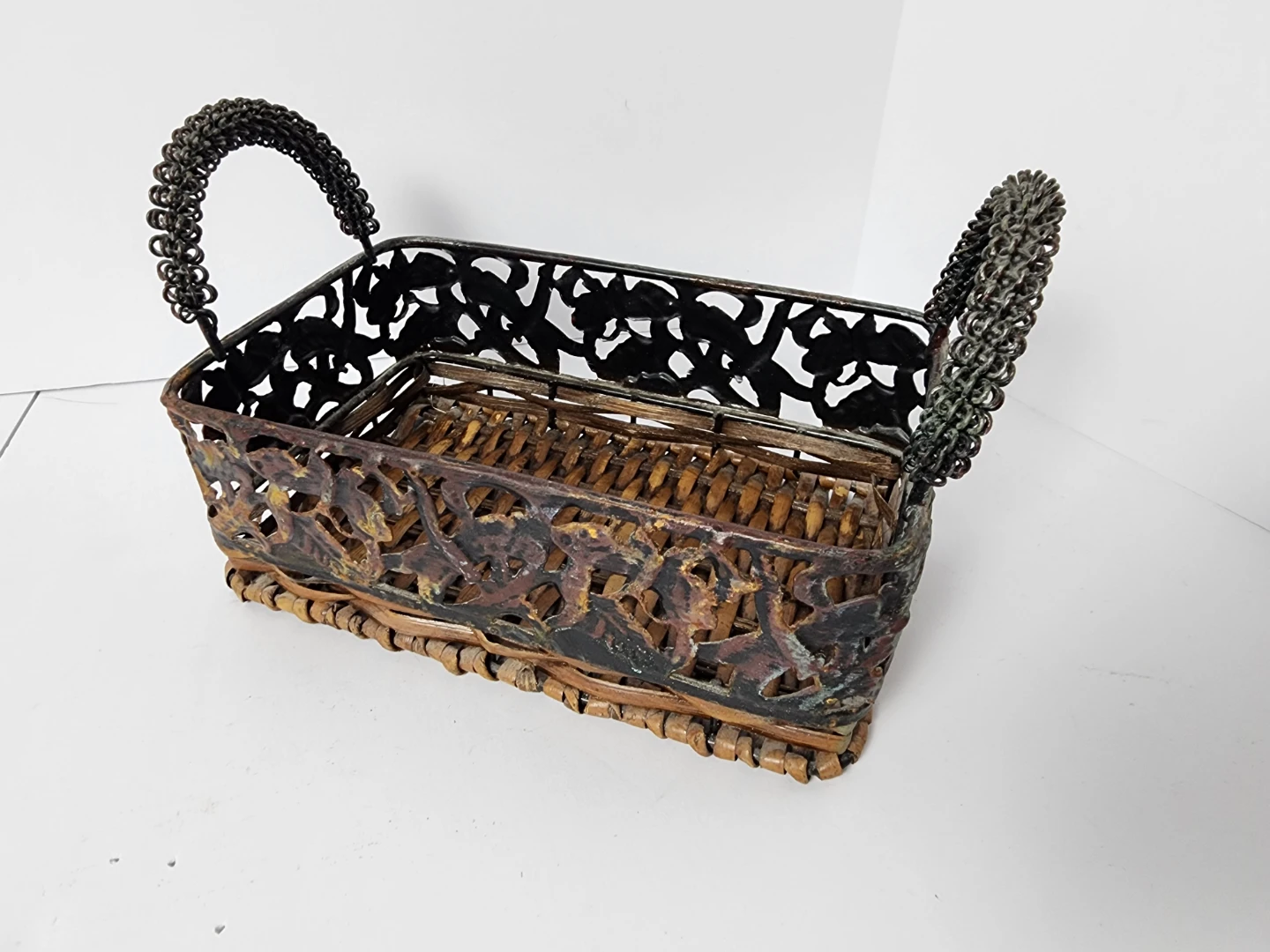 ​Vintage Mixed Media Woven Wicker & Metal Basket - Verdigris