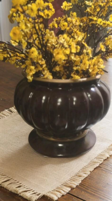 Dark Brown Ceramic Fluted Vase with Gold Trim