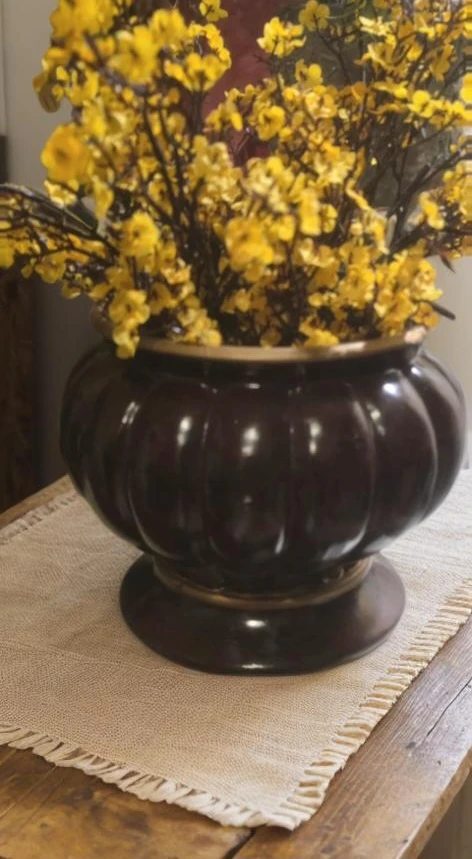 Dark Brown Ceramic Fluted Vase with Gold Trim - photo 2