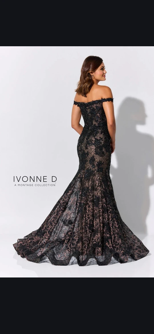 Ivonne D Black Lace Sequin Off-the-Shoulder Gown - Size 8 - photo 4
