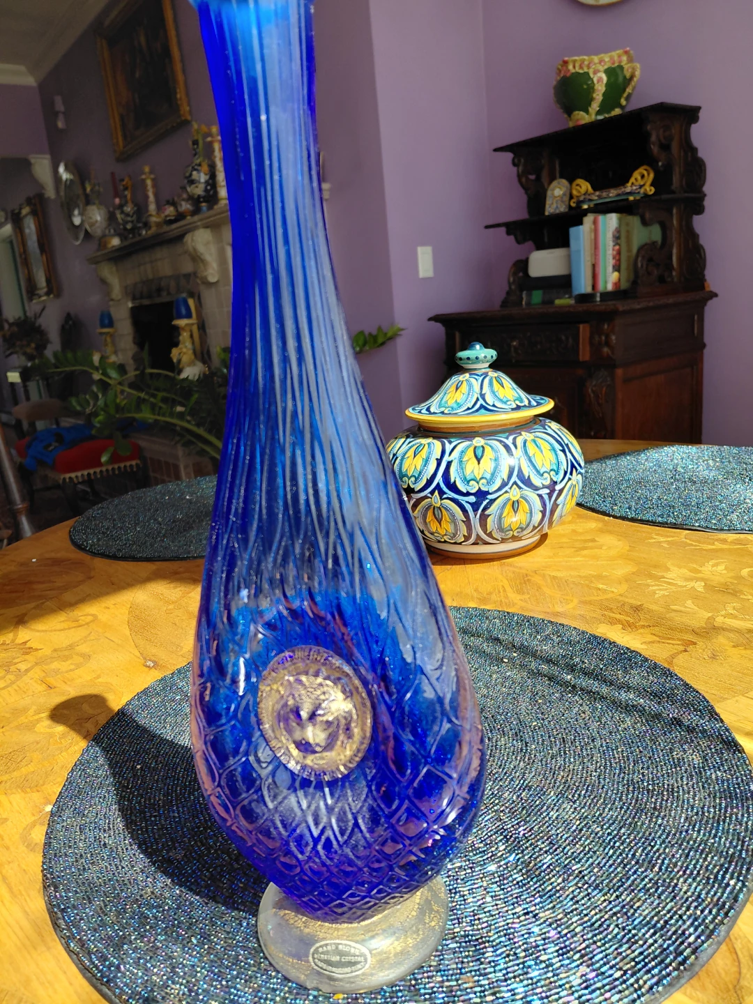Hand Blown Blue Glass Vase with Ornate Medallion