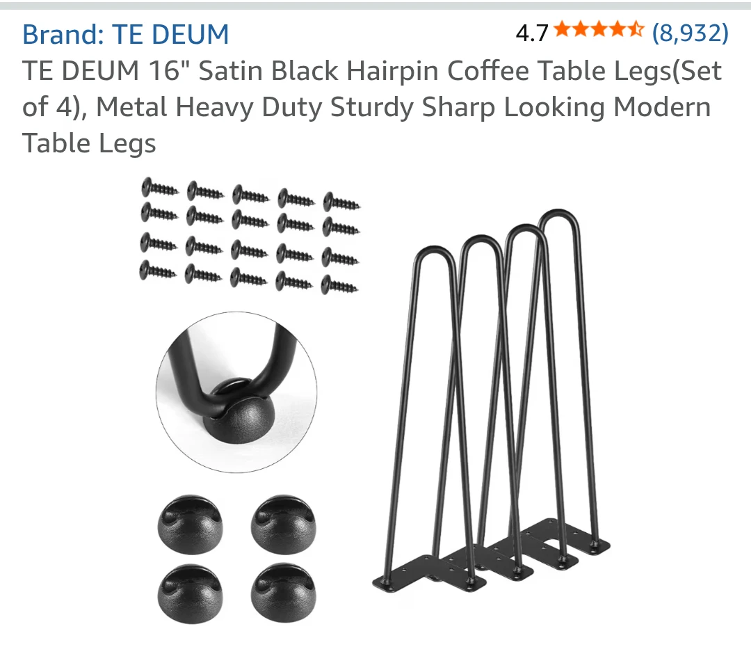 16" Satin Black Hairpin Coffee Table Legs (Set of 4)