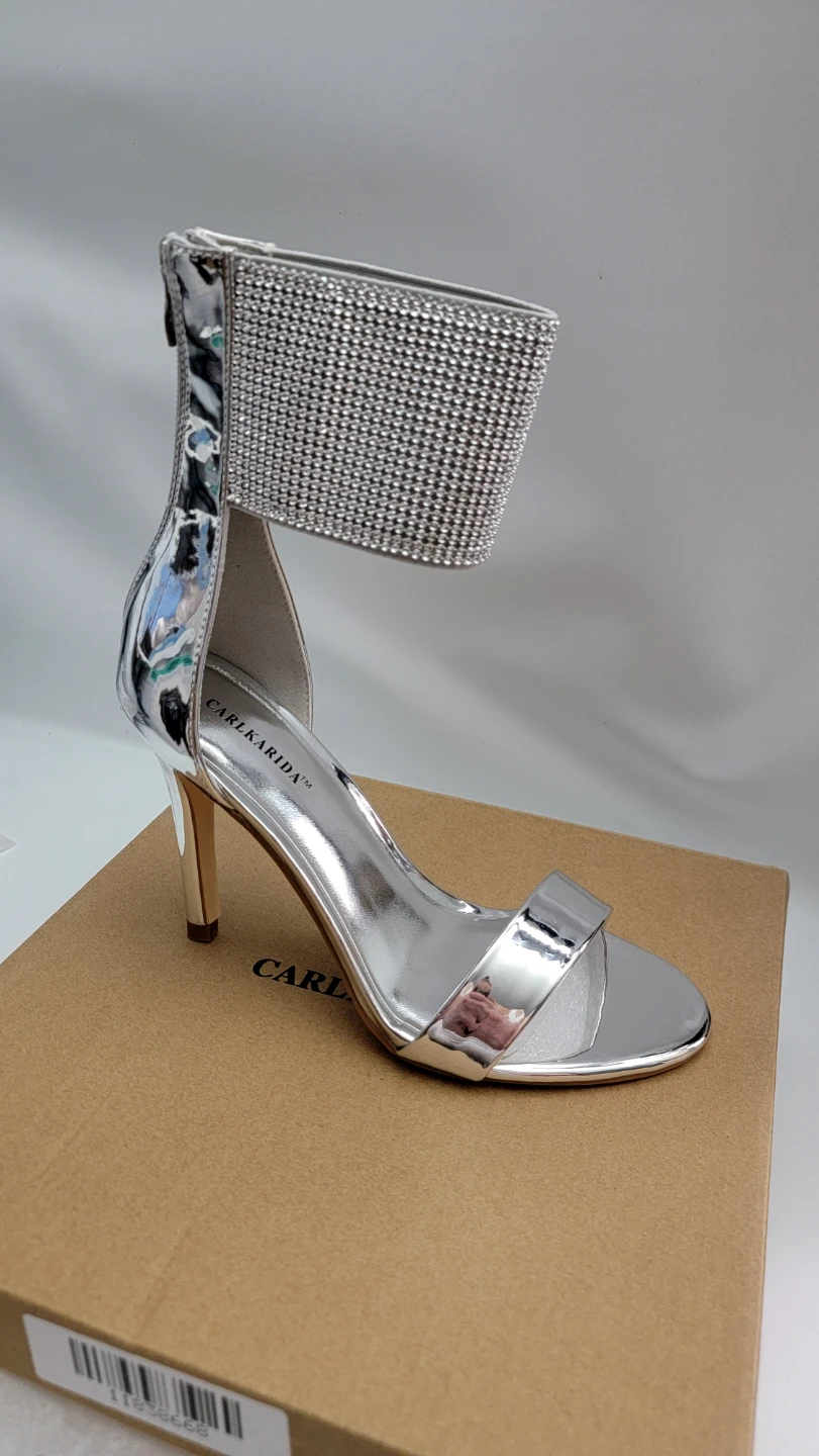 Women’s Rhinestone Ankle Cuff Heels Silver Strappy Size 7.5
