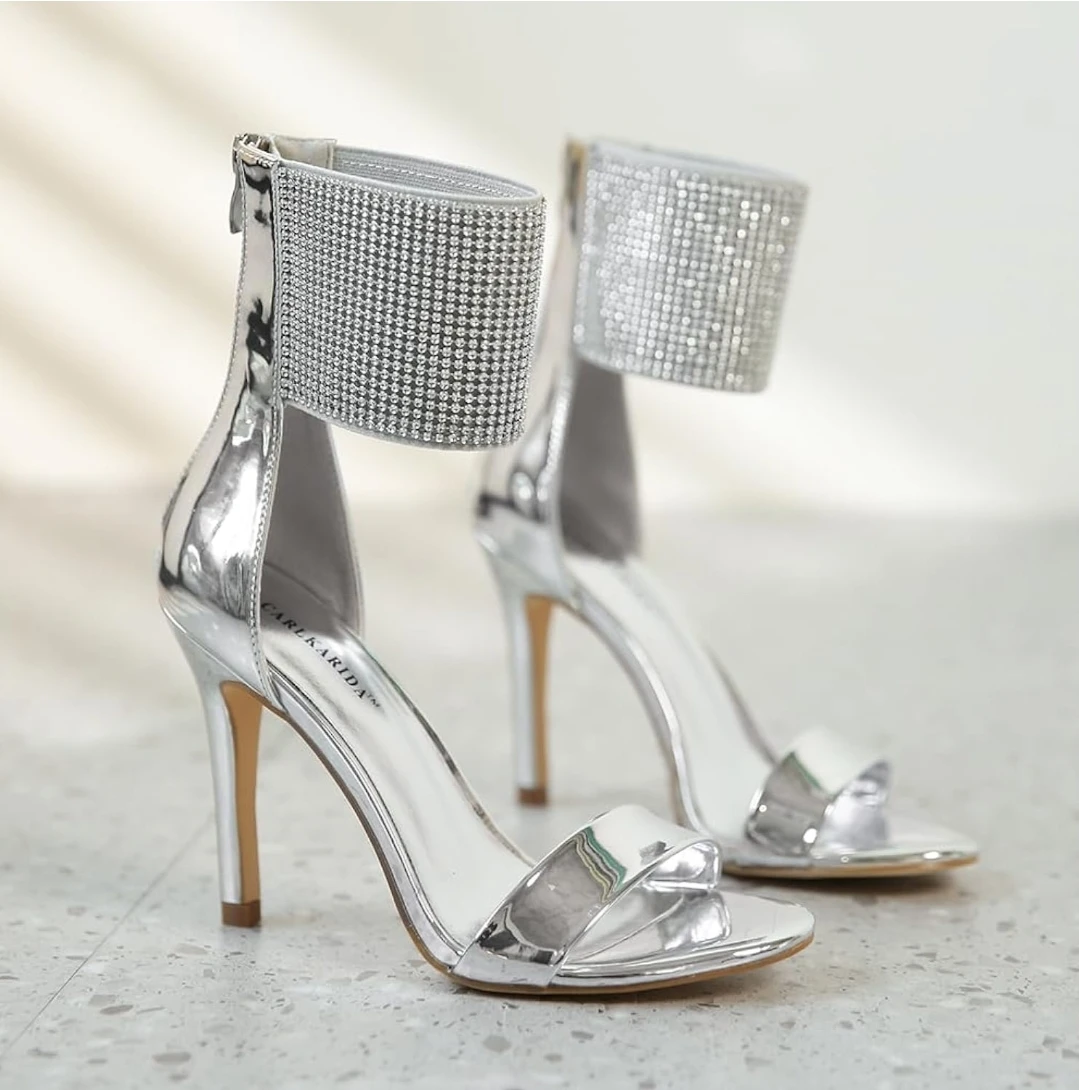 Women’s Rhinestone Ankle Cuff Heels Silver Strappy Size 7.5 - photo 4