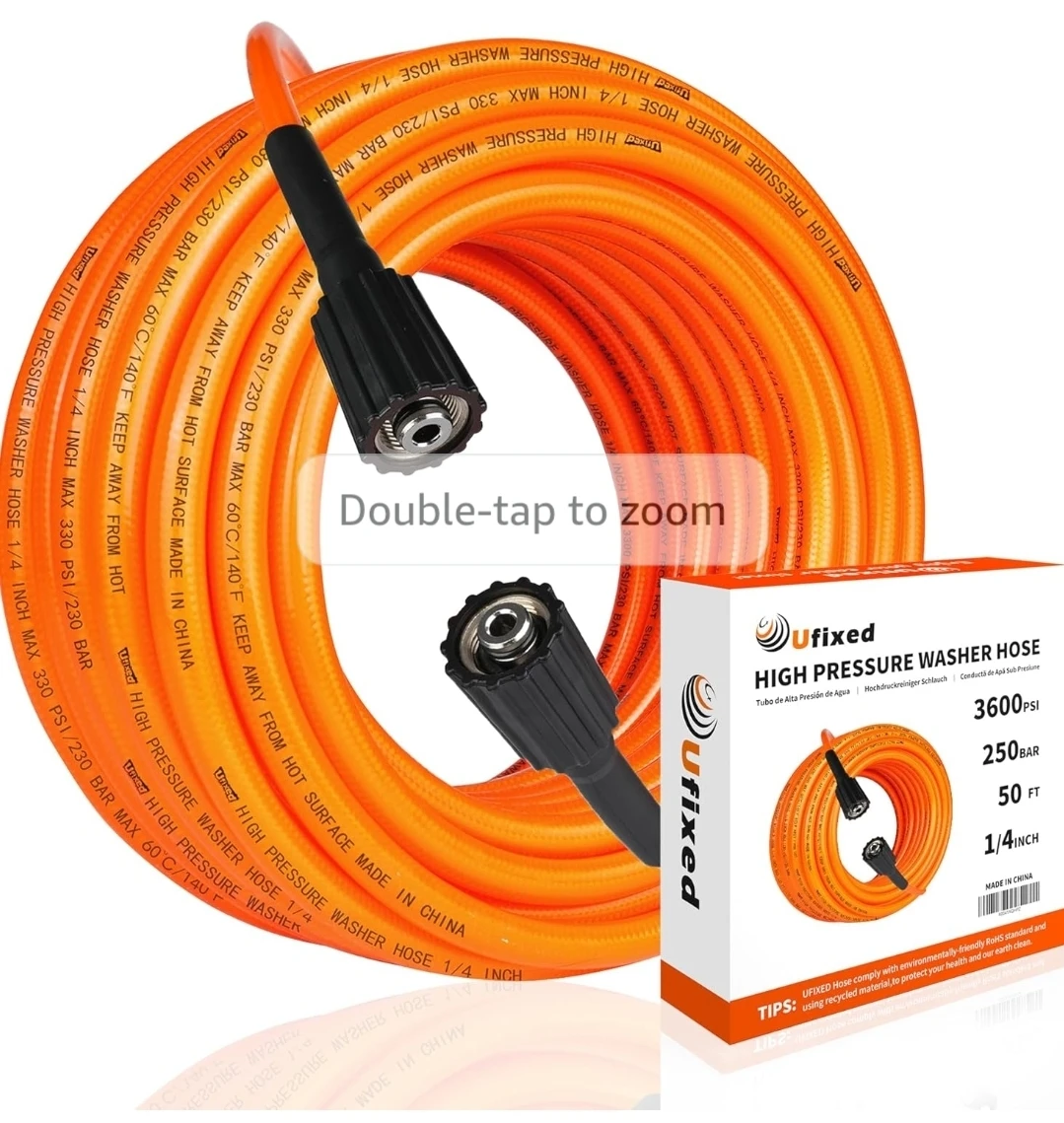 Ufixed Orange Pressure Washer Hose - 50 FT, 3600 PSI