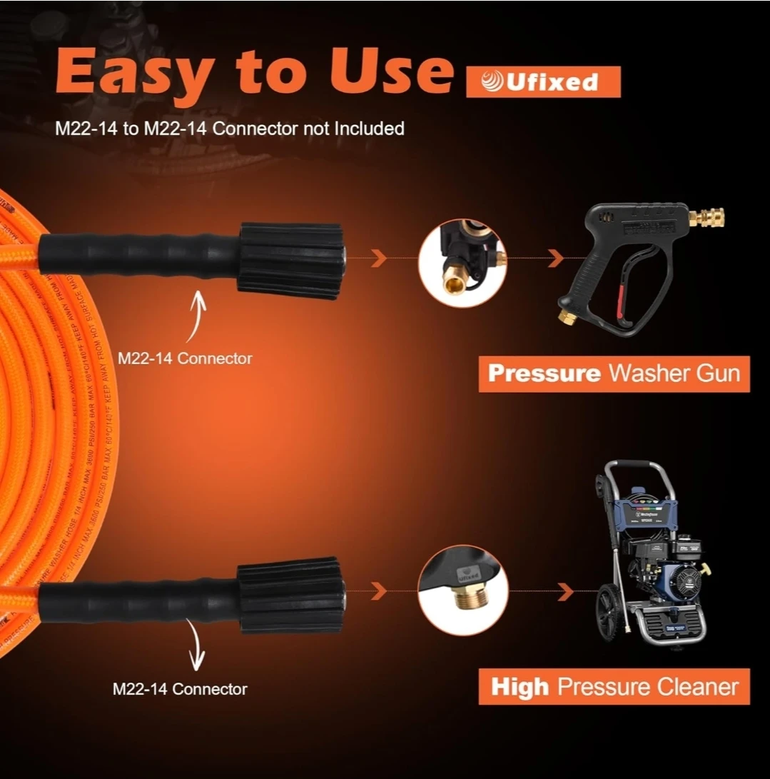 Ufixed Orange Pressure Washer Hose - 50 FT, 3600 PSI - photo 5