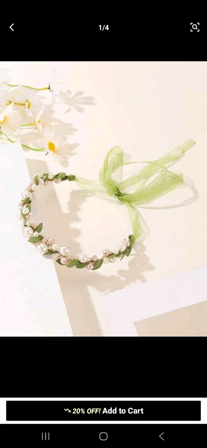 Pearl and Leaf Headband with Green Ribbon