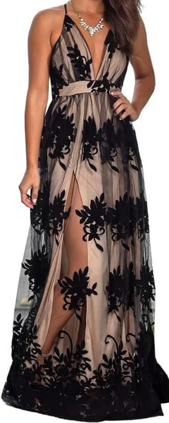 Women's Black Floral Lace Maxi Dress