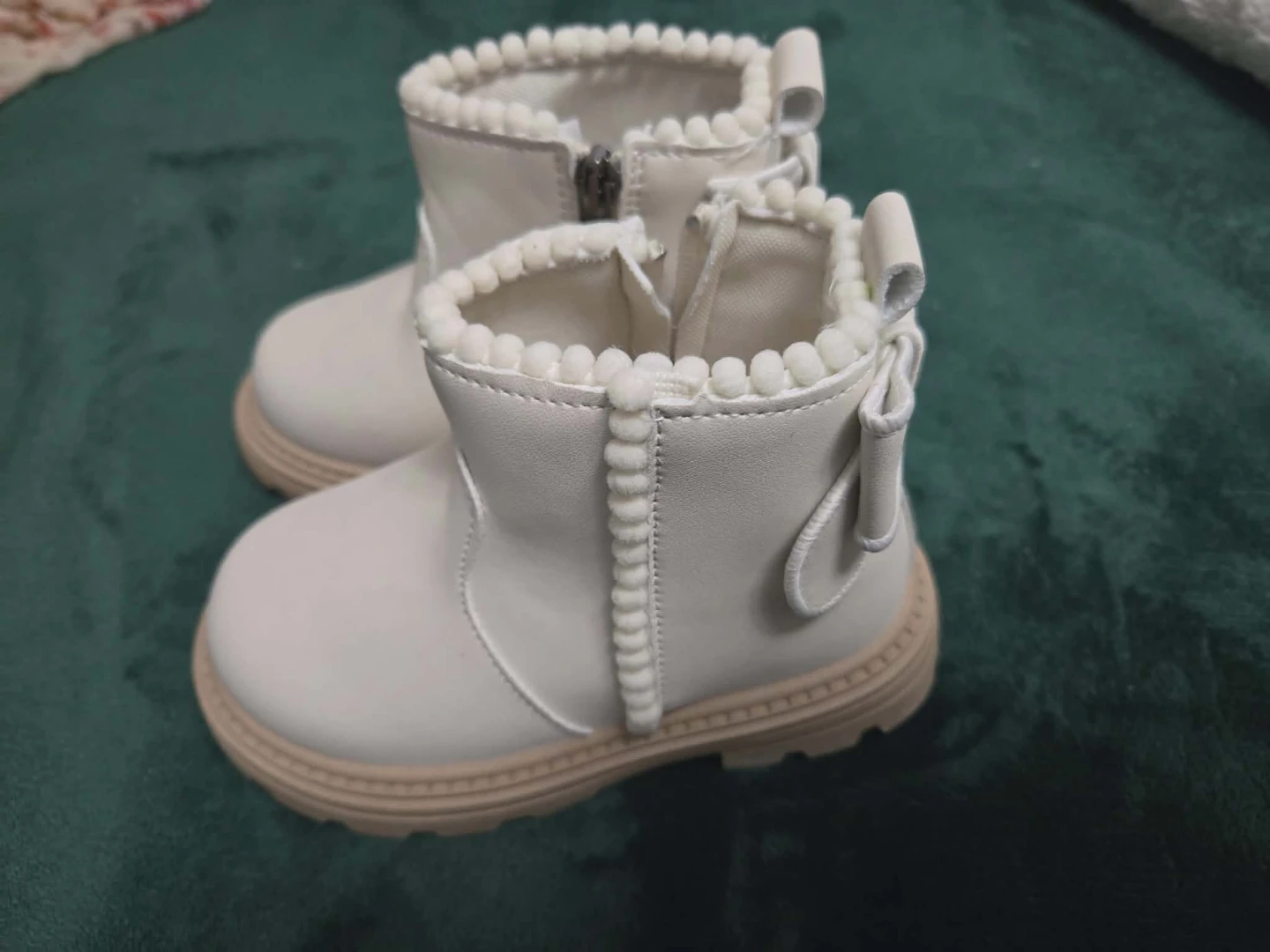 White Toddler Boots with Pom Pom Trim ,🧡