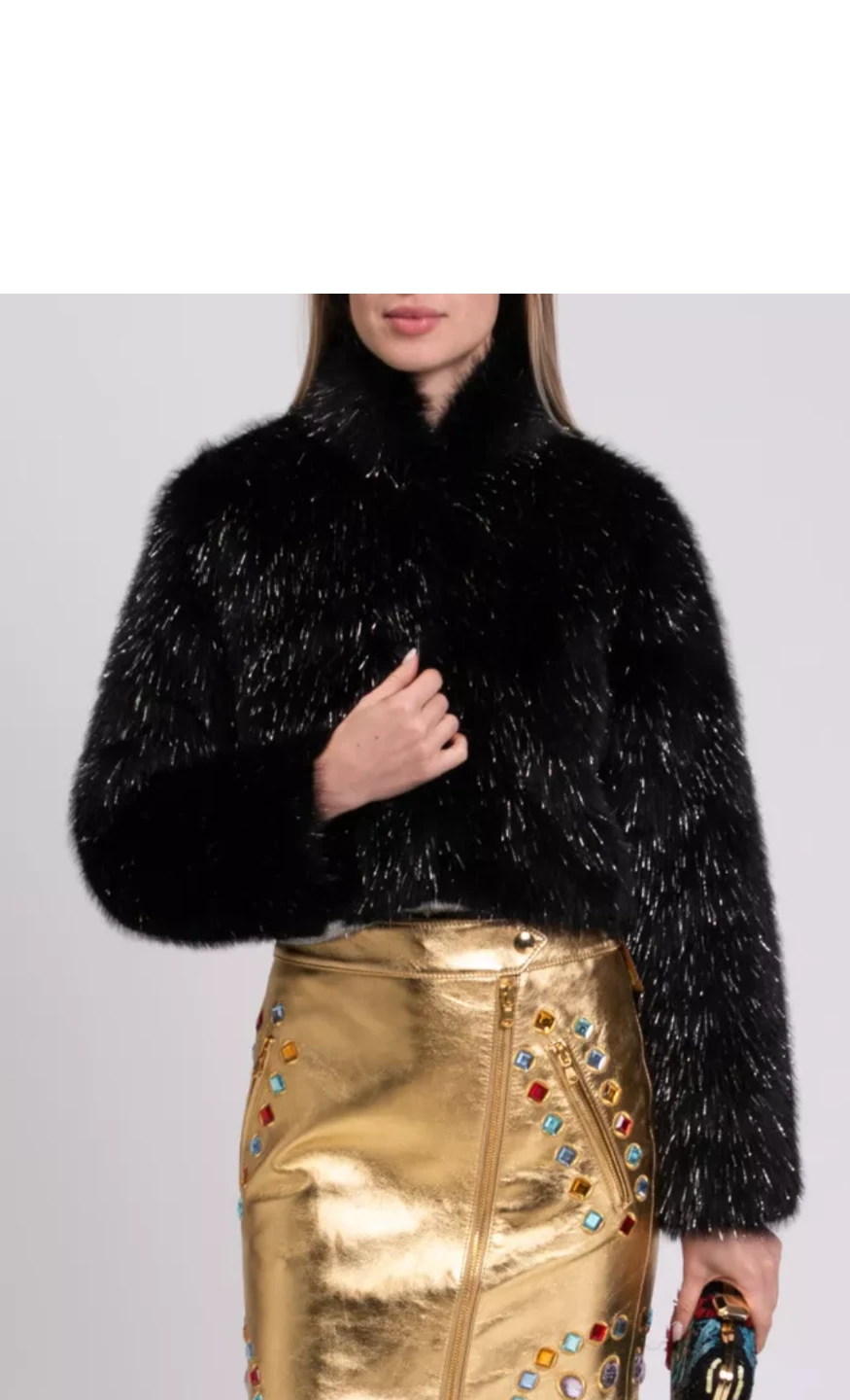 Black Faux Fur Cropped Jacket with Metallic Threads