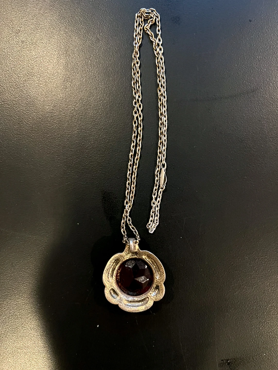 Silver-tone Necklace with Red Stone Pendant