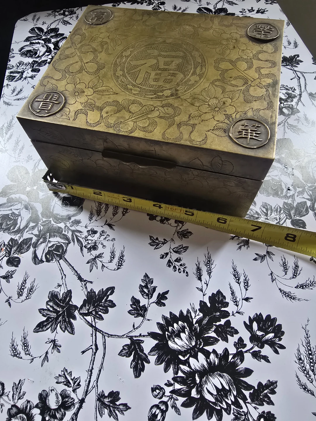 Vintage Brass Chinese Engraved Symbols Decorative Storage Box - photo 2