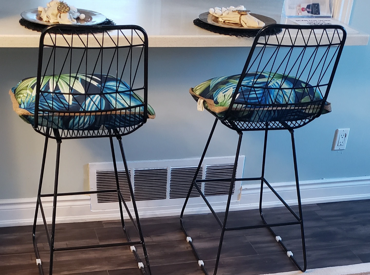 Set of 2 Black Metal Bar Stools with Tropical Leaf Cushions