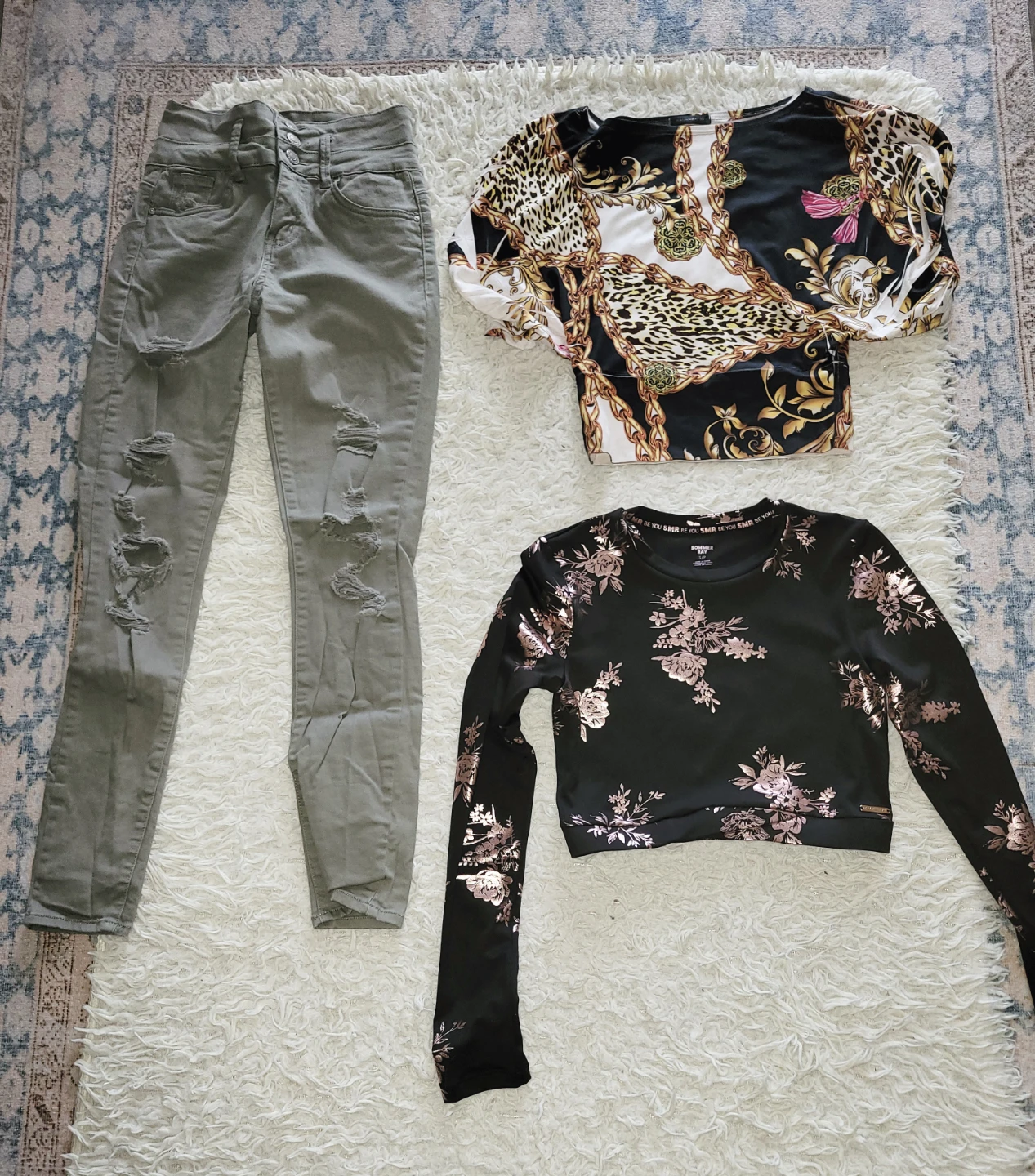 $10.00 FOR ALL!! Distressed olive jeans and 2 tops