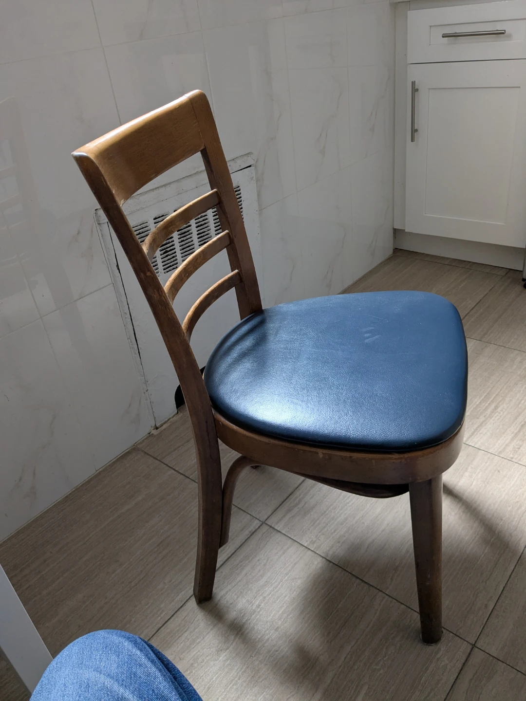 Wooden Dining Chair with Blue Upholstered Seat