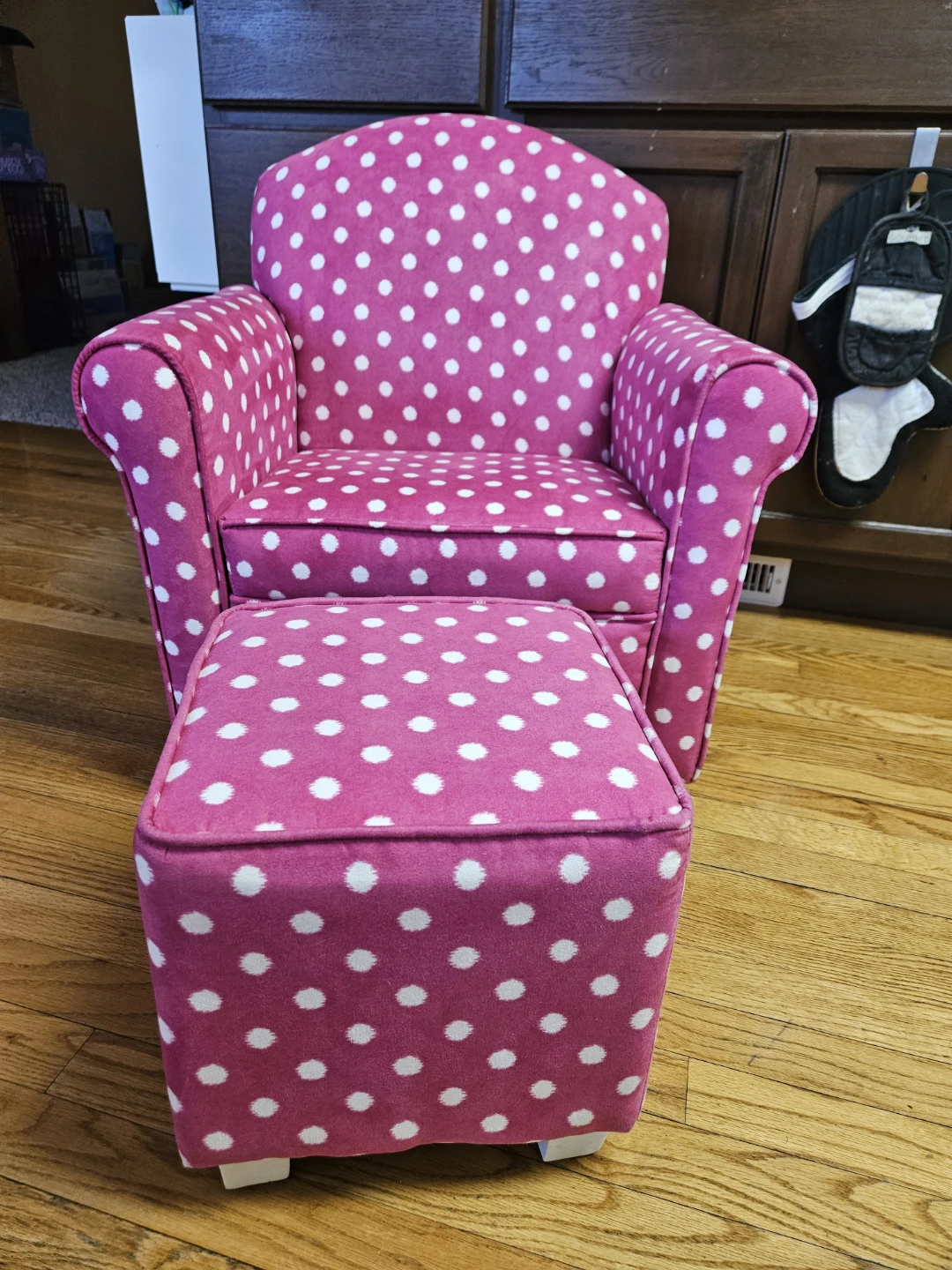 Pink White Polka Dot Kids Armchair with Ottoman