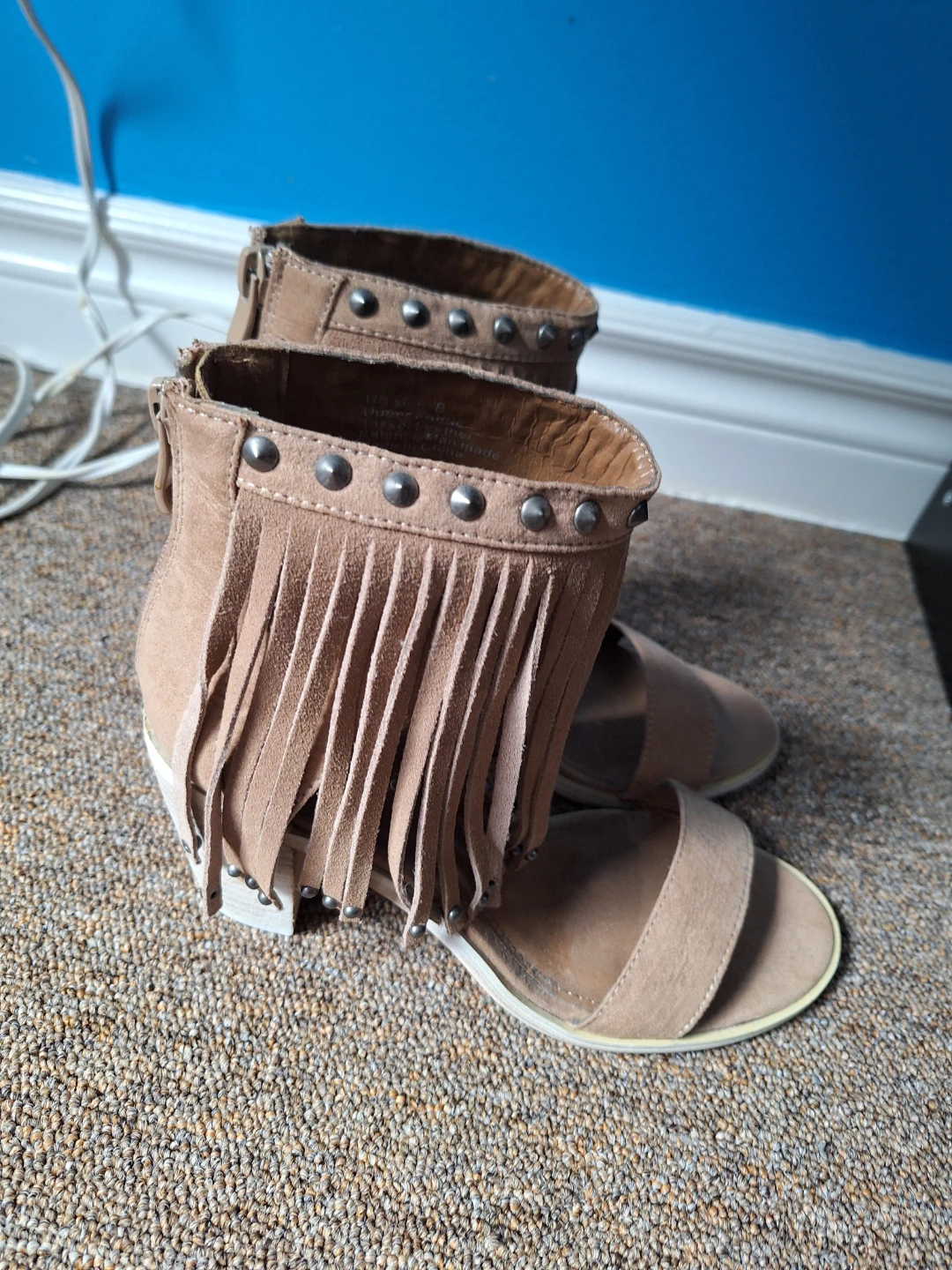 Tan Suede Fringe Studded Heel Sandals