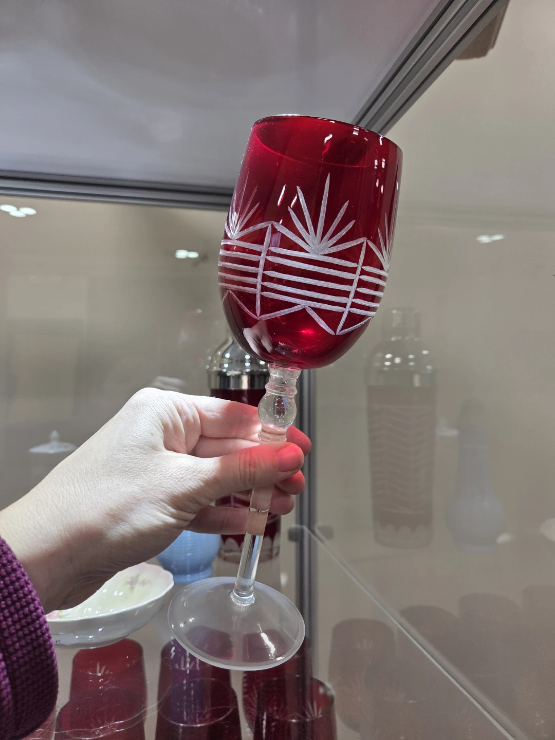 Set of 12 Red Etched Wine Glasses plus shaker